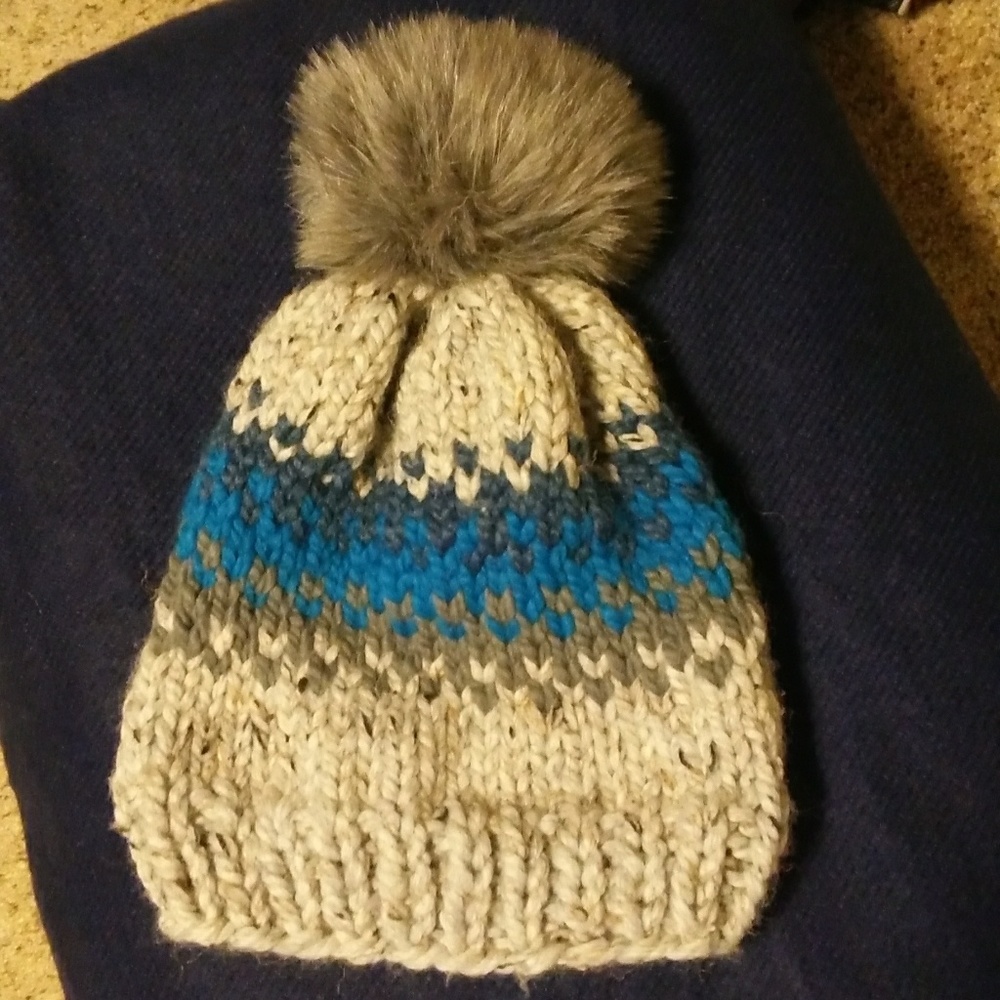Winter Knit Pom Pom Beanie Gray/Blue